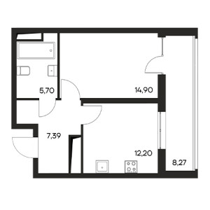 1 комнатная 48.46м²