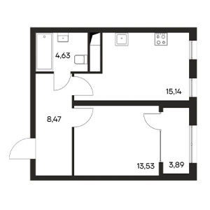 1 комнатная 45.66м²