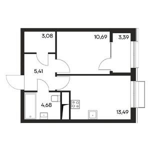 1 комнатная 40.74м²