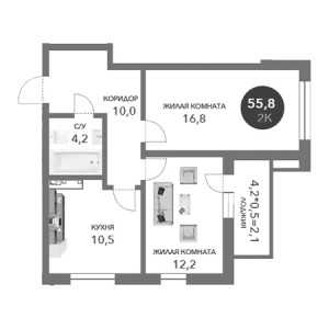 2 комнатная 55.8м²