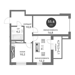 2 комнатная 55.6м²