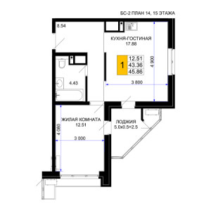 1 комнатная 45.86м²