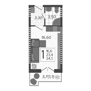 Студия 24.5м²