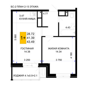 1 комнатная 43.49м²