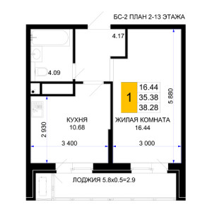 1 комнатная 38.28м²