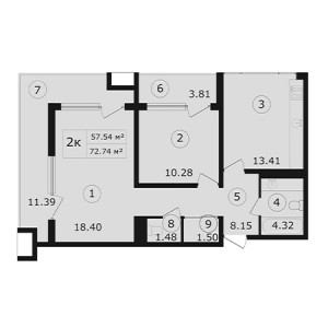 2 комнатная 72.74м²