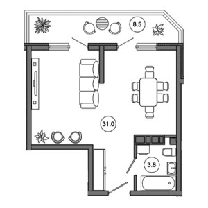 Студия 43.3м²