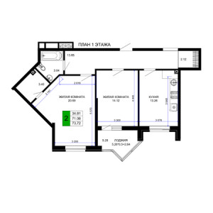 2 комнатная 73.72м²