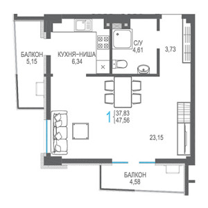 1 комнатная 47.56м²