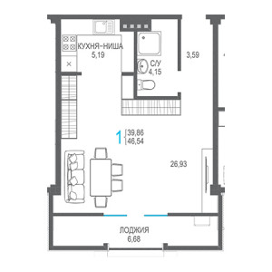 1 комнатная 46.54м²