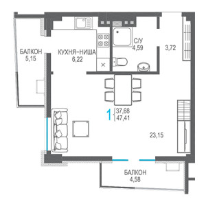 1 комнатная 47.41м²