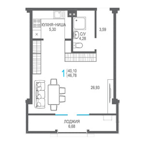 1 комнатная 46.78м²