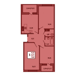 3 комнатная 70.6м²