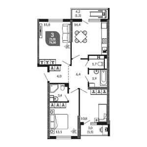 3 комнатная 76.3м²