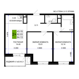 2 комнатная 64.14м²