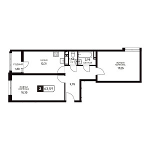 2 комнатная 63.59м²