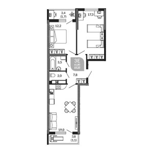 2 комнатная 64.6м²