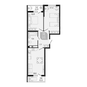 2 комнатная 64.1м²