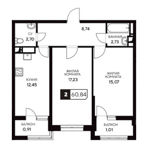 2 комнатная 60.84м²