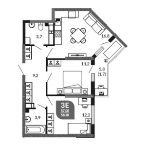 2 комнатная 58.7м²