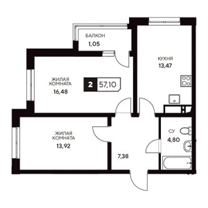 2 комнатная 57.1м²