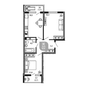 2 комнатная 56.5м²