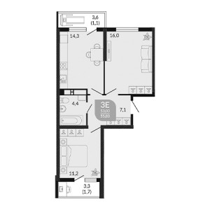 2 комнатная 55.8м²