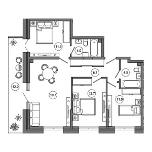 3 комнатная 84.1м²