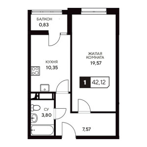 1 комнатная 42.12м²