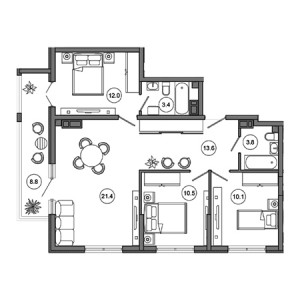 3 комнатная 83.6м²