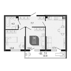 2 комнатная 53.9м²