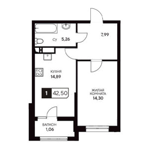 1 комнатная 42.5м²