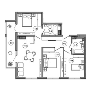 3 комнатная 75.9м²