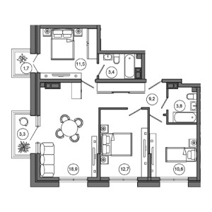 3 комнатная 75.1м²