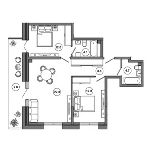 2 комнатная 74.1м²