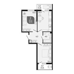 2 комнатная 50.7м²