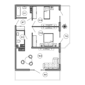 2 комнатная 71.2м²