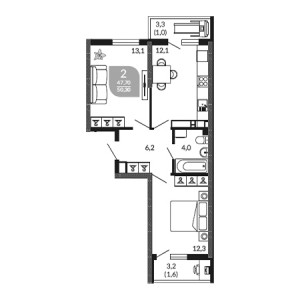 2 комнатная 50.3м²