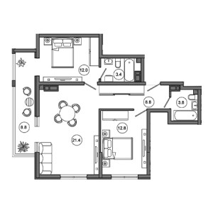 2 комнатная 70.8м²