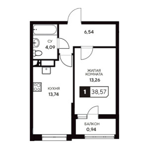 1 комнатная 38.57м²