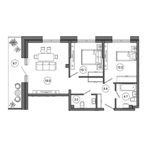 2 комнатная 68.4м²