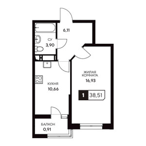 1 комнатная 38.51м²