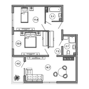 2 комнатная 60.1м²