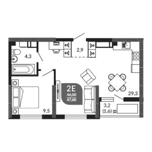 1 комнатная 47.6м²