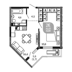 1 комнатная 42.8м²