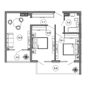 2 комнатная 57.1м²