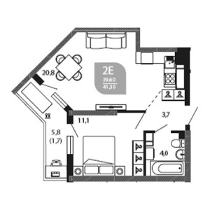 1 комнатная 41.3м²