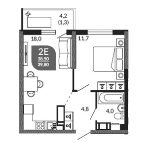 1 комнатная 39.8м²