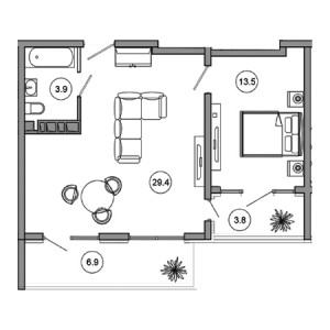 1 комнатная 57.5м²