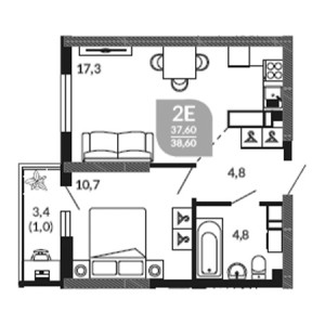 1 комнатная 38.6м²